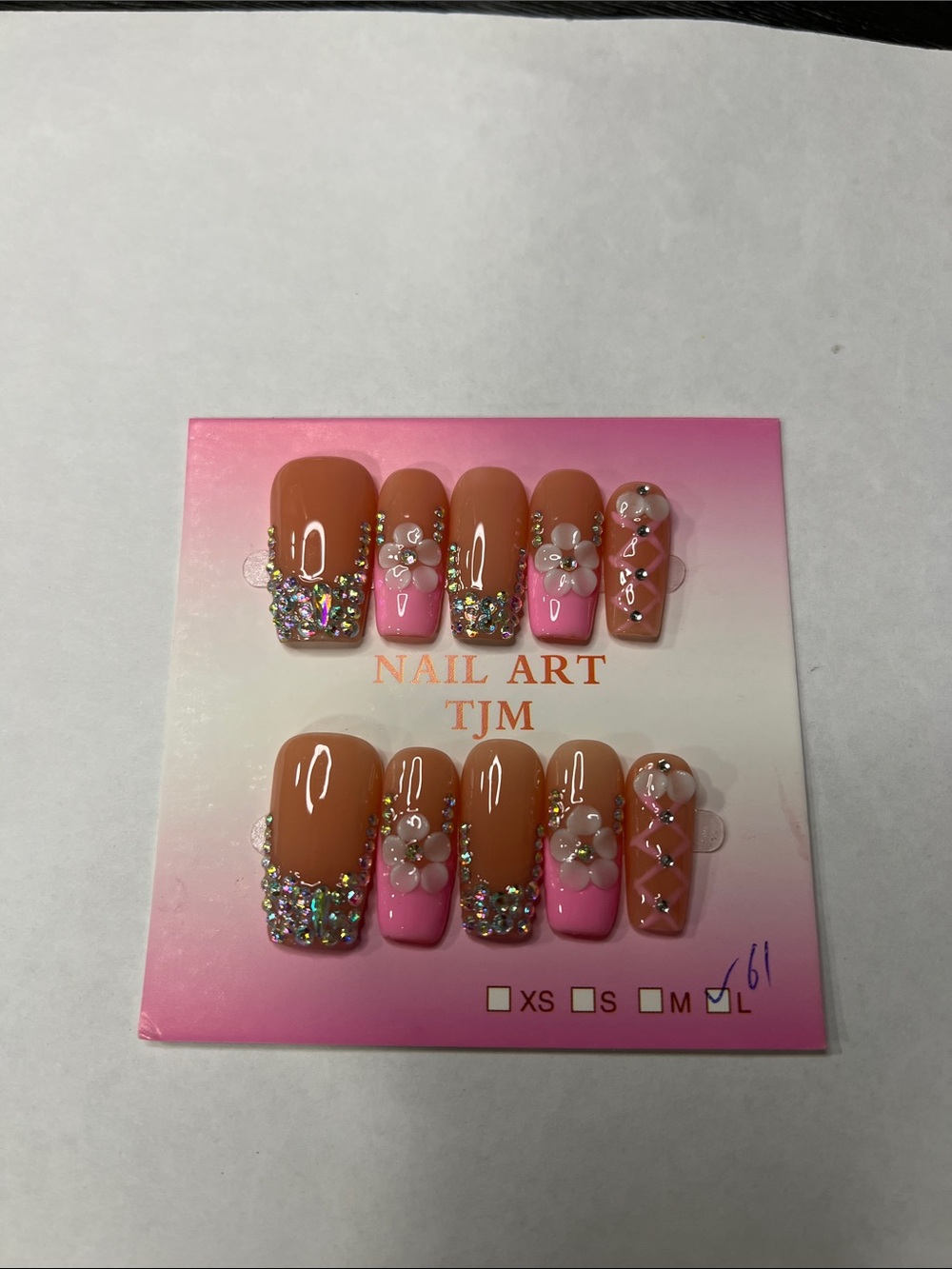 Pink & Nude Floral Rhinestone Press-On Nail Set size L